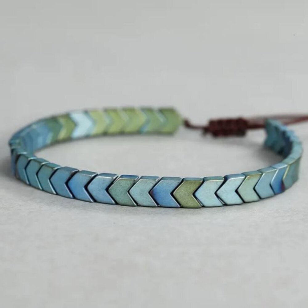 NEW Blue Hematite Boho Metallic Chevron Adjustable Bracelet Unisex